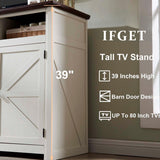 IFGET Farmhouse TV Stand for TVs Up to 80 inches, 39" Tall Highboy Entertainment Center w/Barn Door, Large Wood Rustic TV Console Cabinet w/Adjustable Shelves for Living Room, 70inch, White IFGET