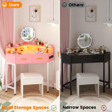 Cyclysio Corner Vanity Desk Without Mirror, Makeup Vanity Table with Lights & Power Outlets, Small Corner Vanity with Drawers for Bedroom,Small Spaces, Pink Cyclysio