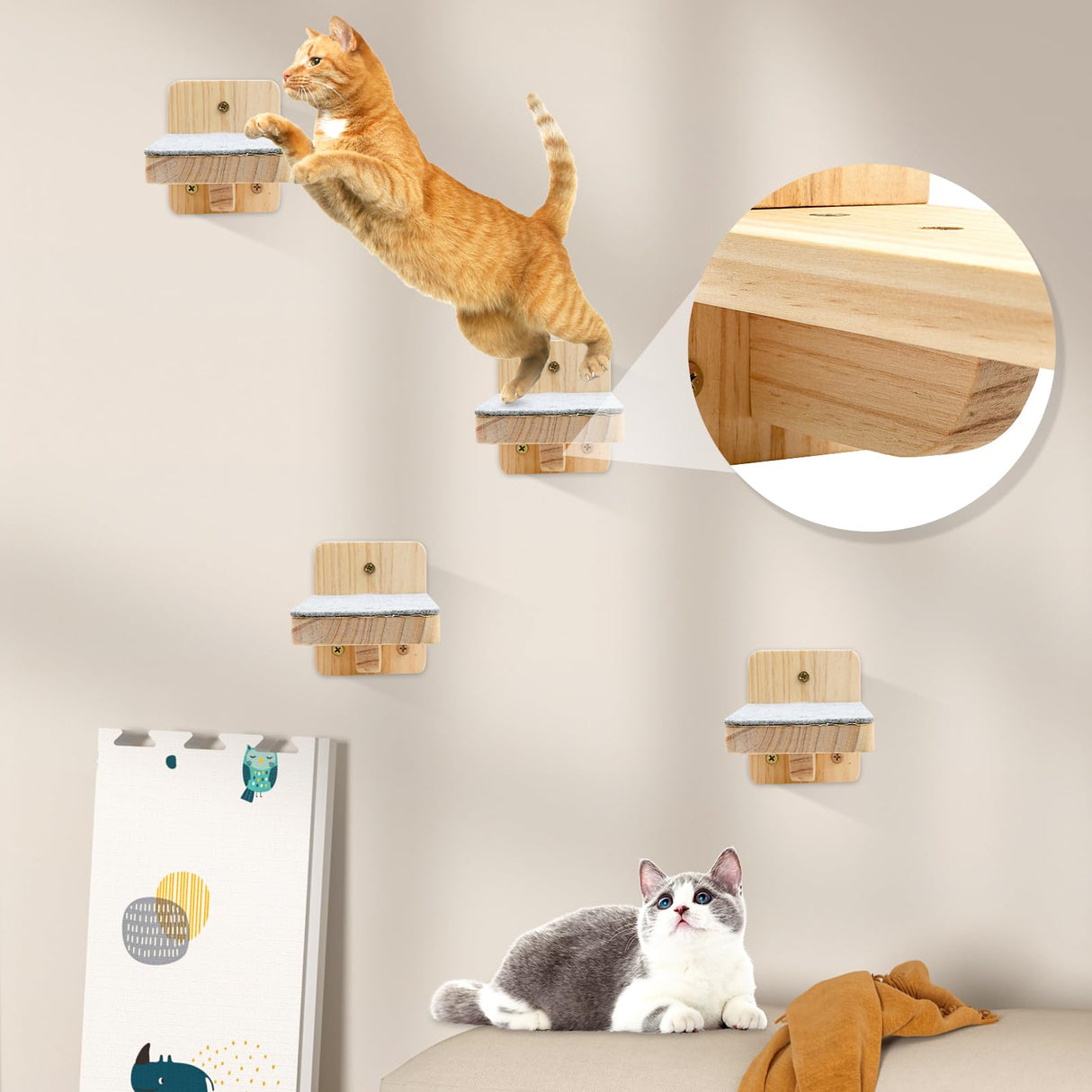 Cat Wall Shelves with 4 Step Scratch Post & Hammock Bed Wooden Floating Climbing Furniture for Sleeping and Playing Indoor Cat Climbing Shelf Corner Shelf Perches Support 20 LBS Housense