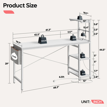Bestier Gaming Desk with Power Outlets, 61 Inch Large Led Gamer Desk with 4 Tiers Reversible Shelves, PC Gaming Table with Headset Hook & Side Storage Bag for Bedroom (White 3D Carbon Fiber)