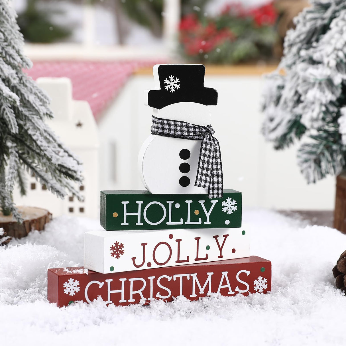 Christmas Decorations-4 PCS Wooden Block Sign-Classic Red White Green Christmas Ornaments for Home Shelf Mantel Fireplace Table Windowsill Decor Buttools