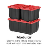 IRIS USA 27 Gallon Heavy Duty Truck Bed Toolbox Storage Tote Bins with Lids, 4 Pack - Made in USA, Tough Snap On Lockable Lid Stackable Industrial Tubs, Garage Organization Reusable Box - Red Iris Ohyama