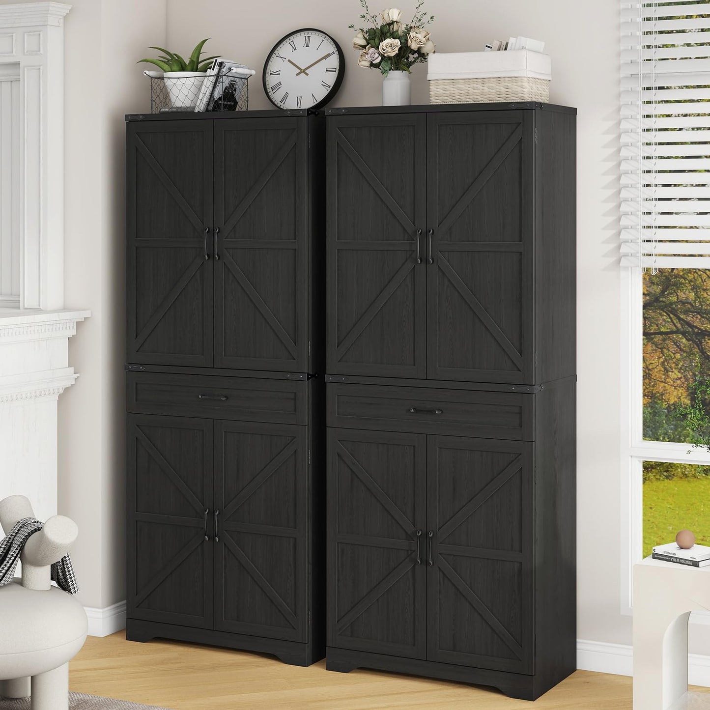 72" Tall Kitchen Pantry Storage Cabinet, Farmhouse Storage Cabinet with Organizer, Large Capacity Storage Cabinet with Drawer,Freestanding Cupboard for Kitchen, Dining Room, Living Room, Black