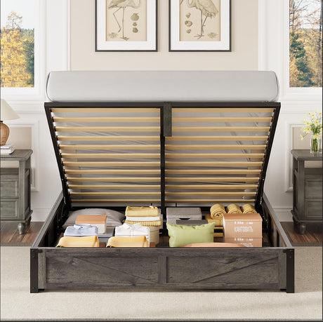 LIKIMIO Platform Queen Size Bed Frame, Farmhouse Bed Frames with Lift Up Storage, Wooden Slats, Sturdy and No Noise, Easy Assembly, Charcoal Grey LIKIMIO
