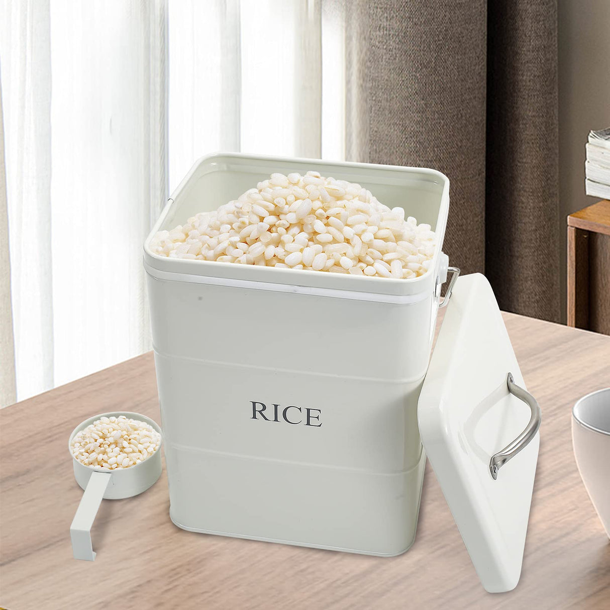 Xbopetda Metal Rice Storage Box, Square Rice Container with Lid and handle, Sealed Food Storage Bin for Kitchen, Countertop Organizer Jar for Rice Flour Soybean Grain Cereal-White Xbopetda