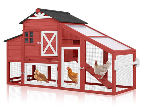 MEDEHOO Chicken Coop with Wheels Wooden Outdoor Chicken House Easy Cleaning with Nesting Box, Deeper Leakproof Pull-Out Tray and UV Proof Panel Roof - Reinforced Version - Red MEDEHOO