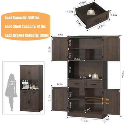 HOSTACK 71“ Tall Kitchen Pantry Storage Cabinet, Modern Kitchen Hutch Bar Cabinet with Microwave Stand, Wood Buffet Sideboard with Hutch, Cupboard with Drawers, Shelves for Dining Room, Dark  - WoodArtSupply