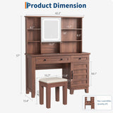 Vanity Desk with HD Mirror, LED Lights and Charging Station, Farmhouse Makeup Table with 2 Drawers and Cushioned Stool Dressing Table Shelves and Side Organizer for Bedroom Dressing Room, Brown GarveeHome