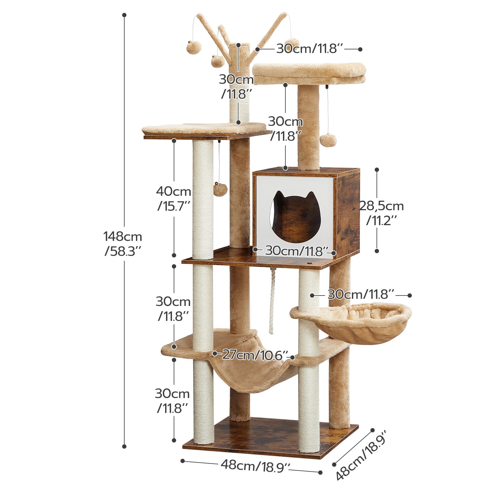 HOOBRO Cat Tree, 58.3 Inches Cat Tower for Indoor Cats, Wooden Cat House with 2 Cat Hammocks, Modern Cat Condo with Cat Scratching Posts, Cat Teaser Sticks, Soft Perches, Rustic Brown FG48CT0 - WoodArtSupply