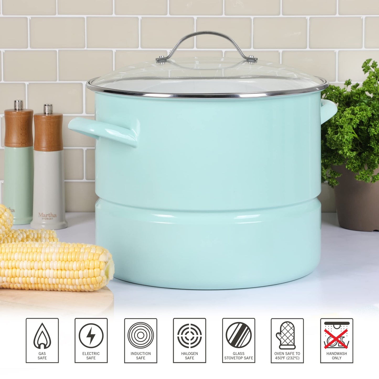 Martha Stewart Thayer 16-Quart Enamel On Steel Scratch Resistant Steamer Stock Pot w/Stainless Steel Insert - Martha Blue