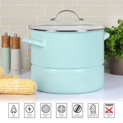 Martha Stewart Thayer 16-Quart Enamel On Steel Scratch Resistant Steamer Stock Pot w/Stainless Steel Insert - Martha Blue