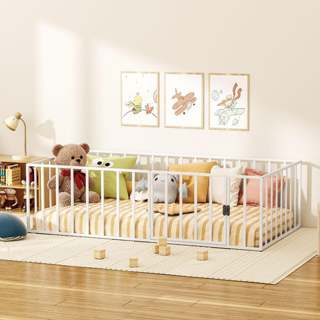 ROOMTEC Montessori Twin Floor Bed Frame Metal 77×41×21 with Fence and Door Easy Assembly for Bedroom Playroom ROOMTEC