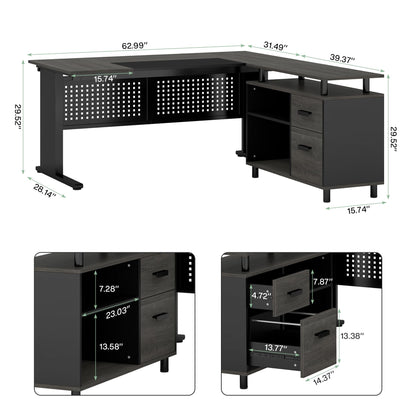 Tribesigns 63 Inch Executive Desk with File Cabinet, Large Office Desk L Shaped Computer Desk with Drawers and Storage Shelves, Business Furniture Desk Workstation for Home Office, Gray and B - WoodArtSupply