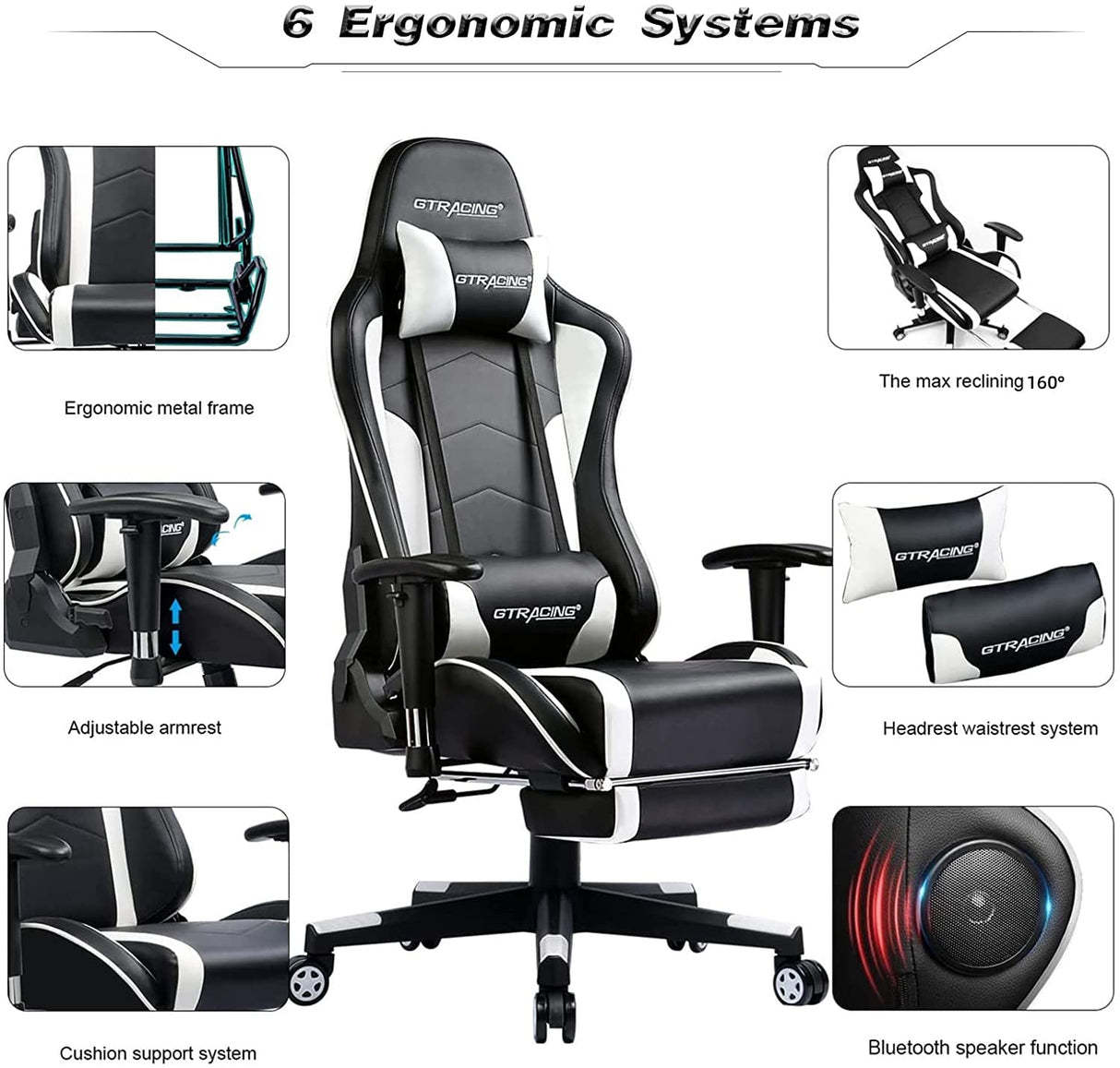 GTRACING Gaming Chair with Footrest Speakers Video Game Chair Bluetooth Music Heavy Duty Ergonomic Computer Office Desk Chair (White) GTRACING