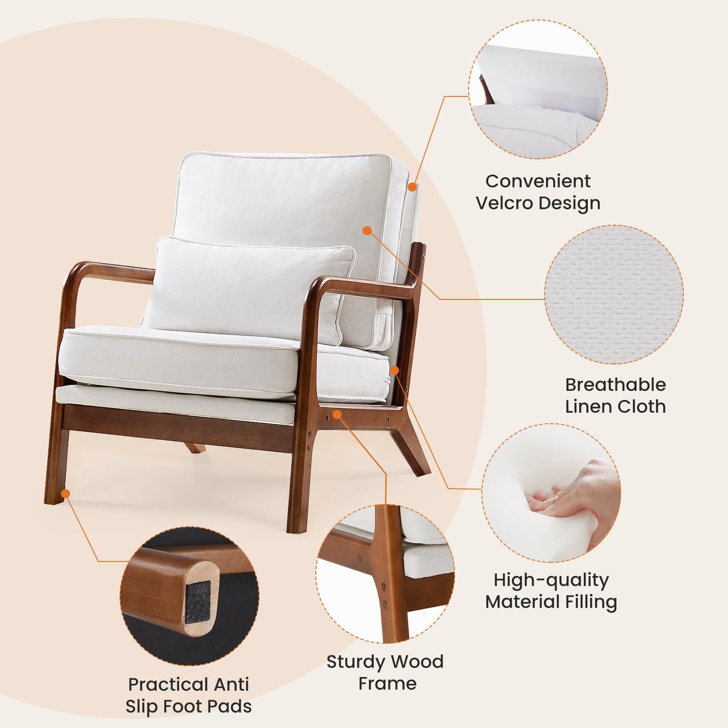 Sweetcrispy Modern Accent Mid Century Chair with Lumbar Pillow, Lounge Arm Chairs, Linen Fabric Comfy Reading Chair with Wood Frame for Living Room, Bedroom, Belcony, Beige