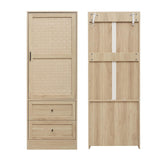 Rattan Armoire Wardrobe Closet with Drawers - 65" Tall Clothing Storage Cabinets with 2 Woven Doors 2 Drawers, Freestanding Wood Wardrobe Cabinet with Storage Cube & Hanging Rod for Bedroom (Natural) mixtavie