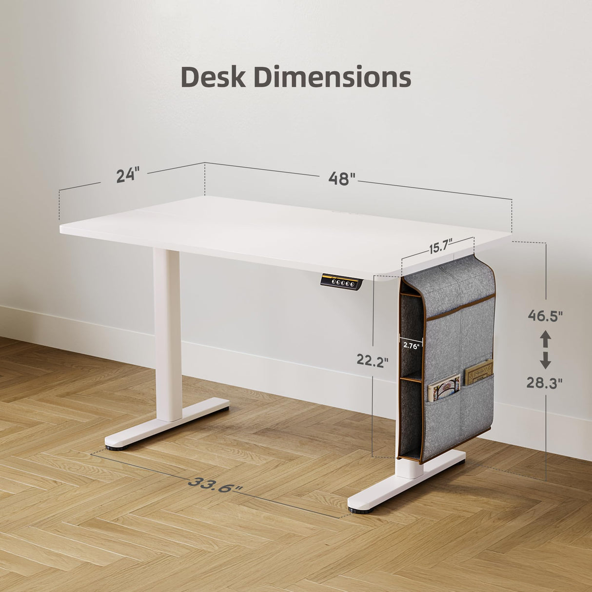 Claiks Electric Standing Desk Adjustable Height with Spacious Storage Bag, 48x24 Inch Stand Up Desk with Headphone Hook, Sit Stand Desk for Home Office Computer Workstation, White Claiks