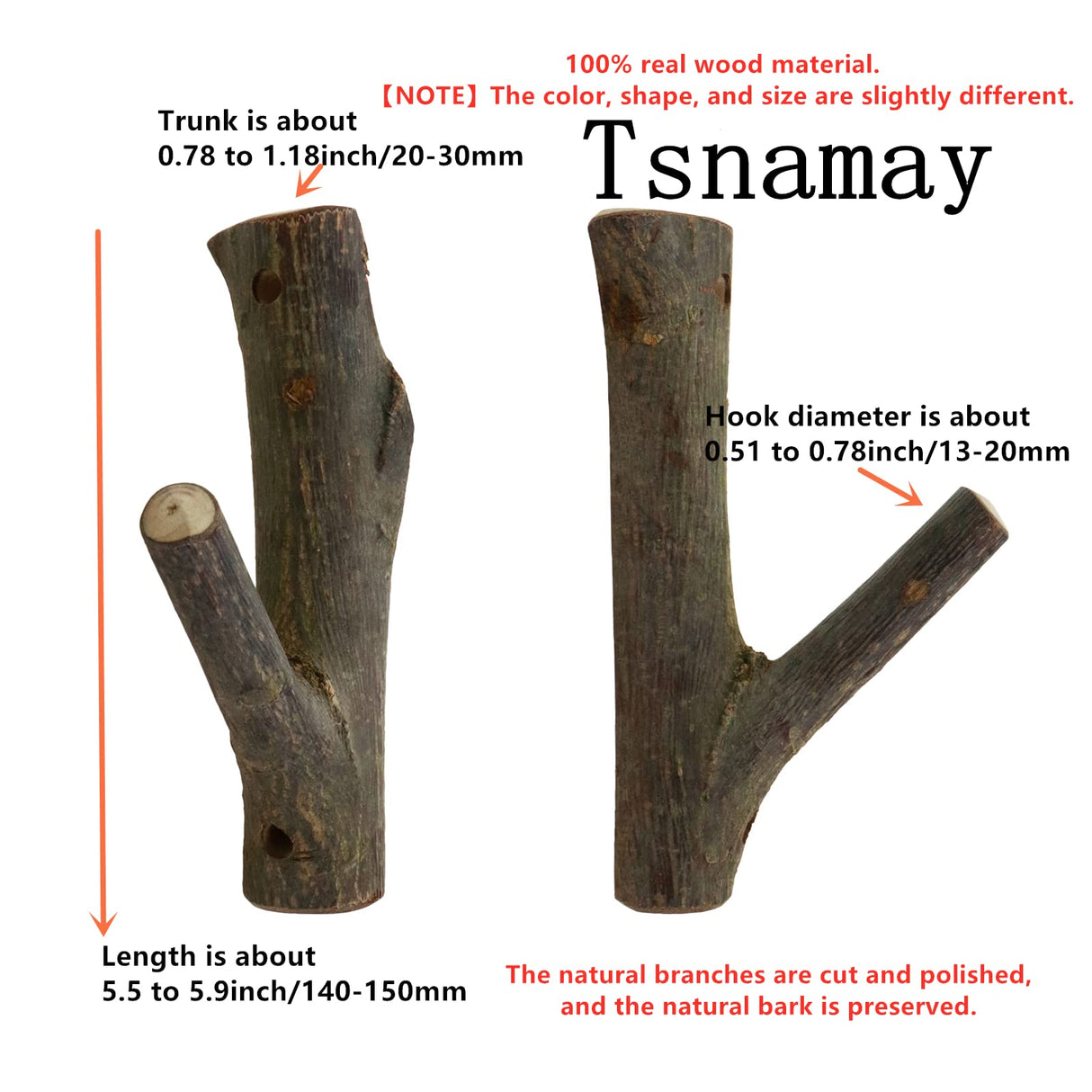 Tsnamay 8Pcs Real Wood Tree Branch Wall Hook, Farmhouse Rustic Decorative Wooden with Bark Trunk Thickness 2cm-3cm with Screw Tsnamay