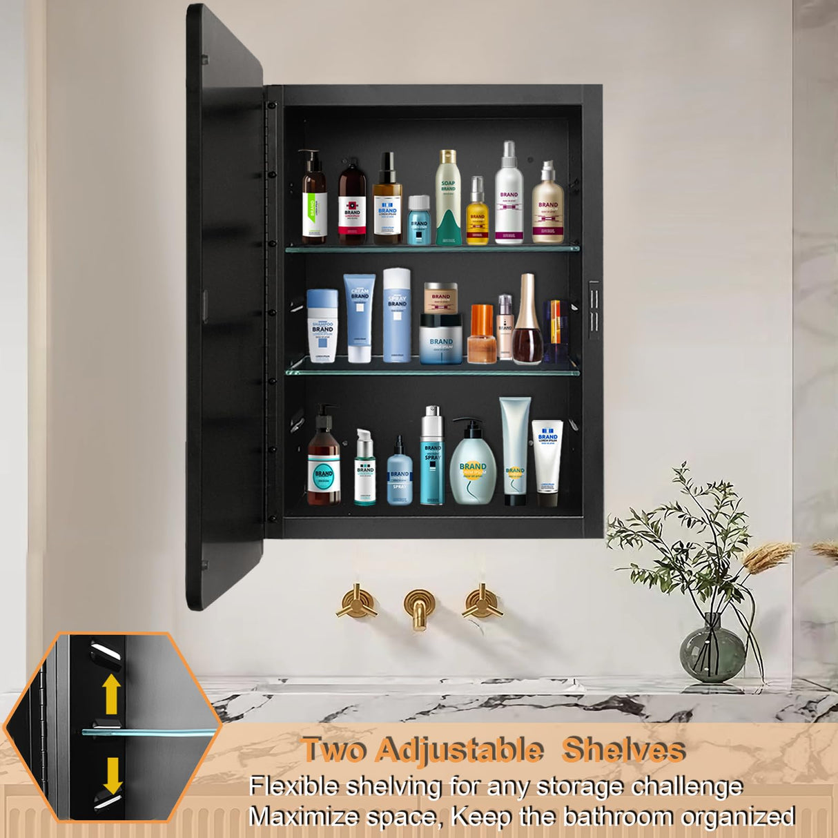 MEETDH 18"x26" Medicine Cabinet Mirror, Black Bathroom Cabinet with Mirror Wall-Mounted or Recessed, Bathroom Vanity Mirror with Storage, Solid Metal Frame, Adjustable Glass Shelves MEETDH