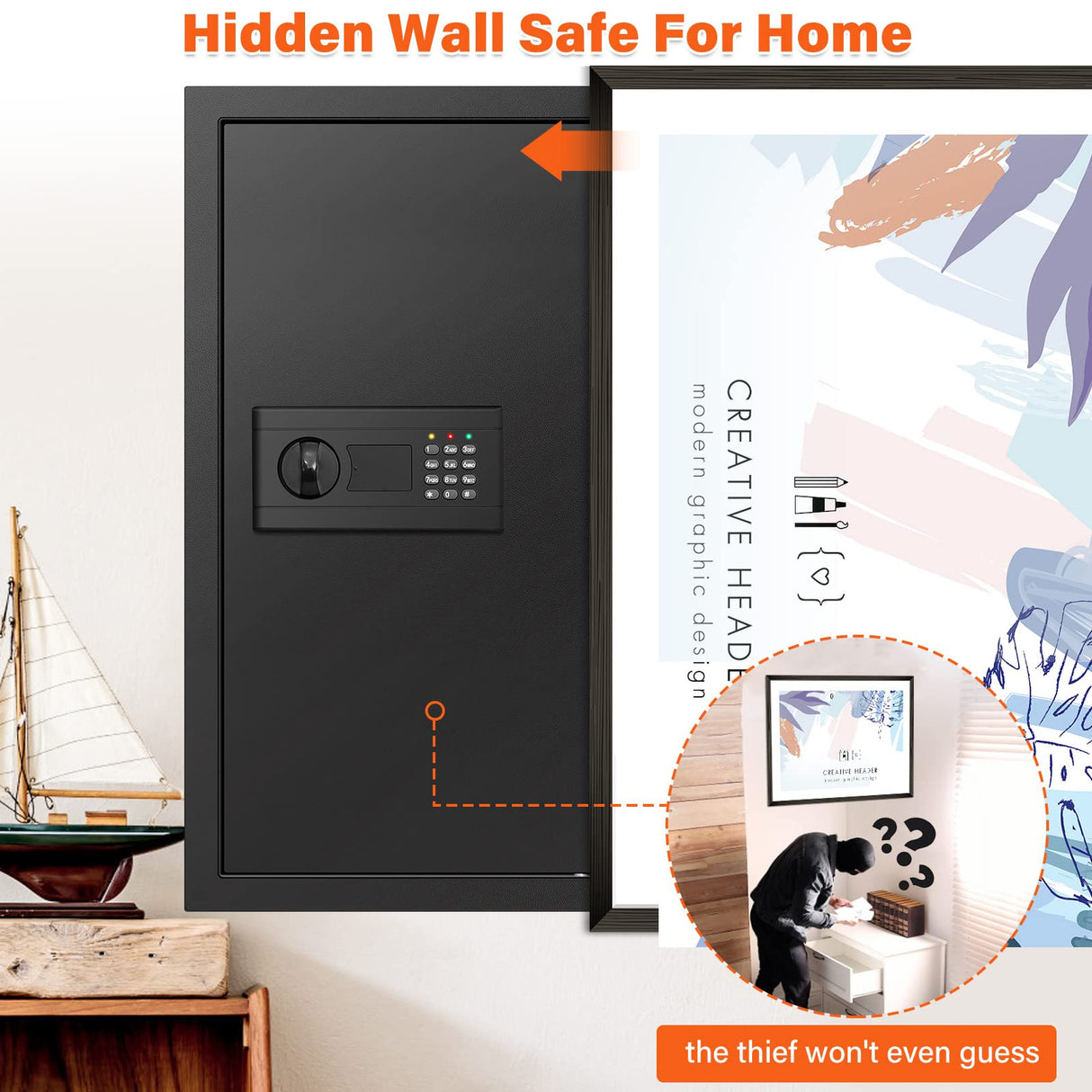 Nebakne 25.6" Tall Fireproof Wall Safes Between The Studs 16" Centers, Hidden Wall Safe with 2 Removable Shelf & Hidden Tray, Heavy Duty Wall Mount Safe for Firearms, Money, Jewelry, Passport Black Nebakne