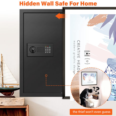 Nebakne 25.6" Tall Fireproof Wall Safes Between The Studs 16" Centers, Hidden Wall Safe with 2 Removable Shelf & Hidden Tray, Heavy Duty Wall Mount Safe for Firearms, Money, Jewelry, Passport Black Nebakne