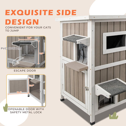 Gowoodhut 36.1" L Outdoor Cat House,2 Story Wooden Outdoor Cat Shelter with 3 Escape Doors,Weatherproof Fir Wood Feral Cat House with 2 Big Rest Room & Openable Asphalt Roof for 2-3 Cats