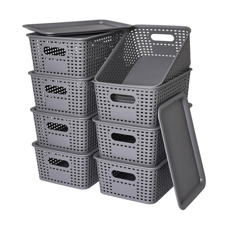 Plastic Storage Baskets with Lid-Plastic Storage Containers Stackable Storage bins: Storage Baskets for Organizing Shelves Drawers Desktop Closet Playroom Classroom Office, 8Pack-Gray,10.2x7.2x4.1Inch Ohmlove