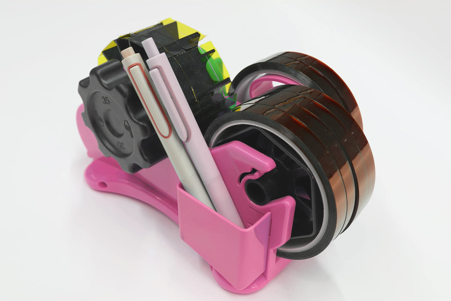 Pink Heat Tape Dispenser Sublimation - Multiple Roll Cut Heat Tape Dispenser 1" & 3" Core Double Reel Cores Sublimation for Heat Transfer Tape, Semi-Automatic Tape Dispenser with Compartment Slots