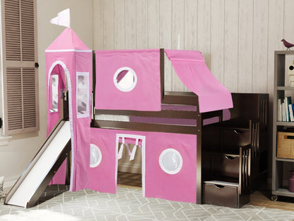 JACKPOT! Princess Stairway Low Loft Bed with 3 Drawers, Slide, Pink and White Tent and Tower, Twin, Cherry