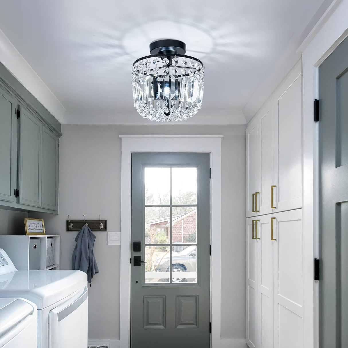 YYJLX Small Crystal Chandelier 2- Lights ，Modern Semi Flush Mount Ceiling Light Fixture for Hallway Kitchen Foyer （Black） YYJLX