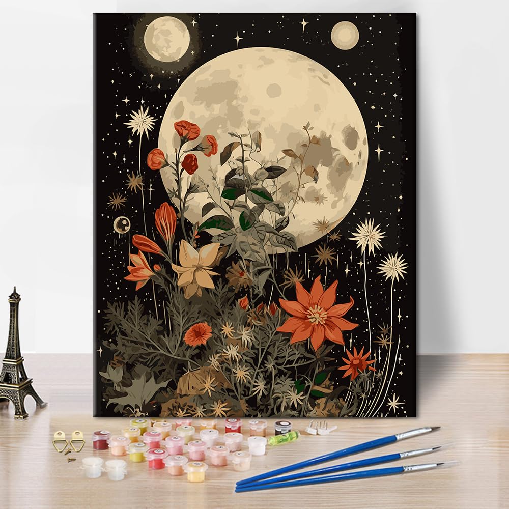 Paint by Number Flower Moon Adult Paint by Number Black Background Paint by Numbers Beginner Easy Painting by Number Retro Style Paint by Number to Family Friend Gift for Living Room Decor 16x20 in Generic