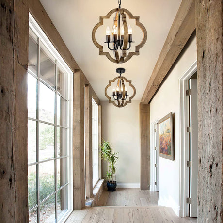 Farmhouse Orb Chandelier, Rustic Wood Chandelier for Dining Room, 4-Light Pendant Light for Kitchen Island Hallway Foyer Entryway Bedroom, Adjustable Height TOULMJ
