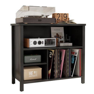 Record Player Stand, Mid-Century Vinyl Record Storage Cabinet, 3-Tier Record Player Holder, Turntable Stand with 4 Cabinet up to 220 Albums, End Table for Bedroom Music Room Living Room, Black