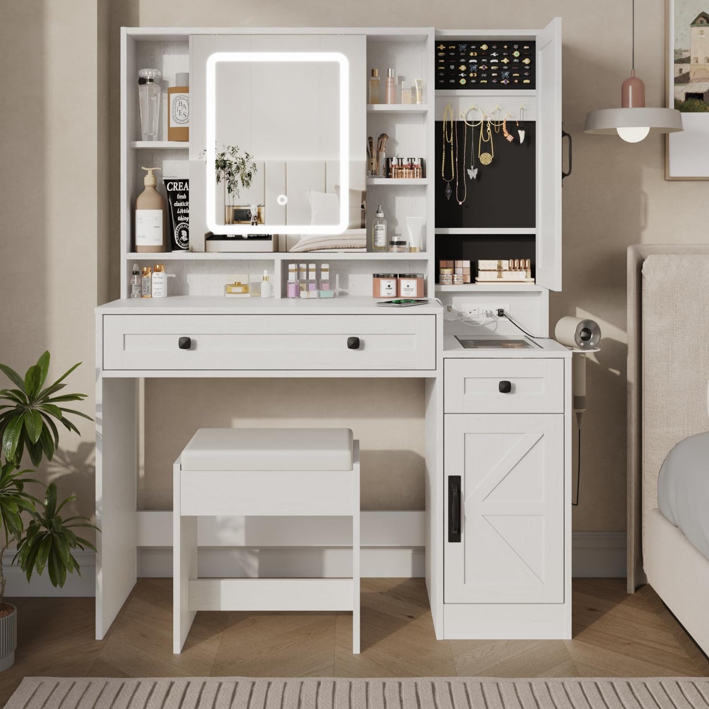 Fameill Vanity Desk with Mirror and Lights, Makeup Vanity Desk with Power Outlet, 2 Drawers & Storage, Vanity Table with Chair & Jewelry Cabinet, for Bedroom (White) - WoodArtSupply