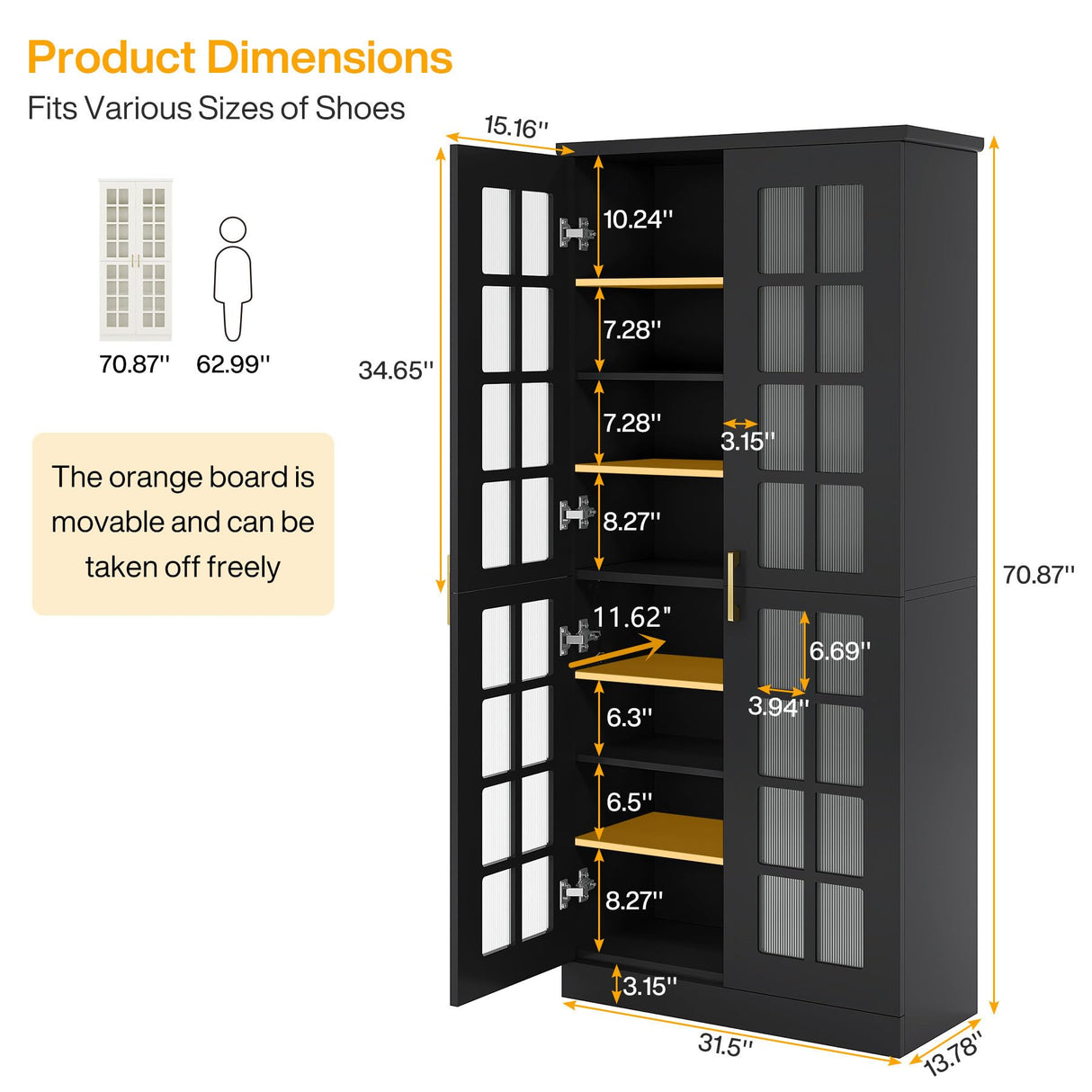 Tribesigns 71-Inch Tall Shoe Cabinet with Doors, 8-Tier Shoe Storage Cabinet with Adjustable Shelves, Modern Shoe Organizer Shoe Rack Cabinet for Entryway, Hallway, Closet, Living Room, Black and Gold Tribesigns