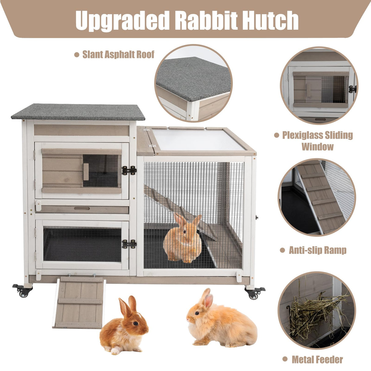 PetsCosset Rabbit Hutch Indoor 40" L Large 2 Story Outdoor Wooden Bunny Hutch with Run, 4 Metal Wheels & 2 Deeper Trays, UV-Proof Panel Rabbit Cage Guinea Pig Pet House for Small-Medium Animals PetsCosset