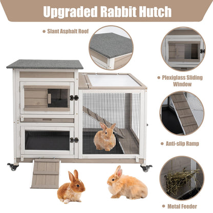 PetsCosset Rabbit Hutch Indoor 40" L Large 2 Story Outdoor Wooden Bunny Hutch with Run, 4 Metal Wheels & 2 Deeper Trays, UV-Proof Panel Rabbit Cage Guinea Pig Pet House for Small-Medium Animals