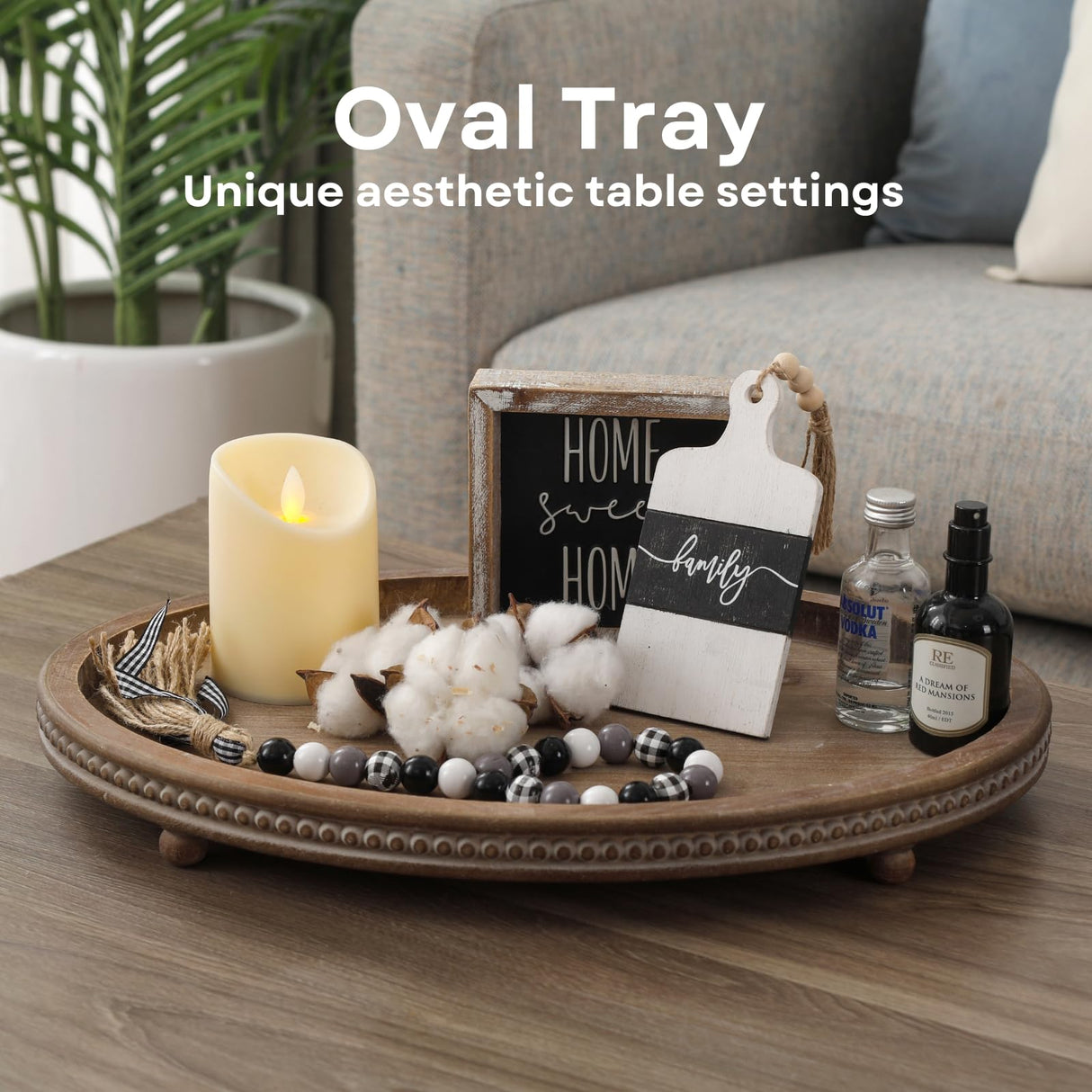 FESTWIND Decorative Tray, Oval Wooden Tray for Coffee Table Decor Kitchen Dinning Table Entryway, Small Beaded Tray for Holidays, Wood Tray Distressed Brown FESTWIND