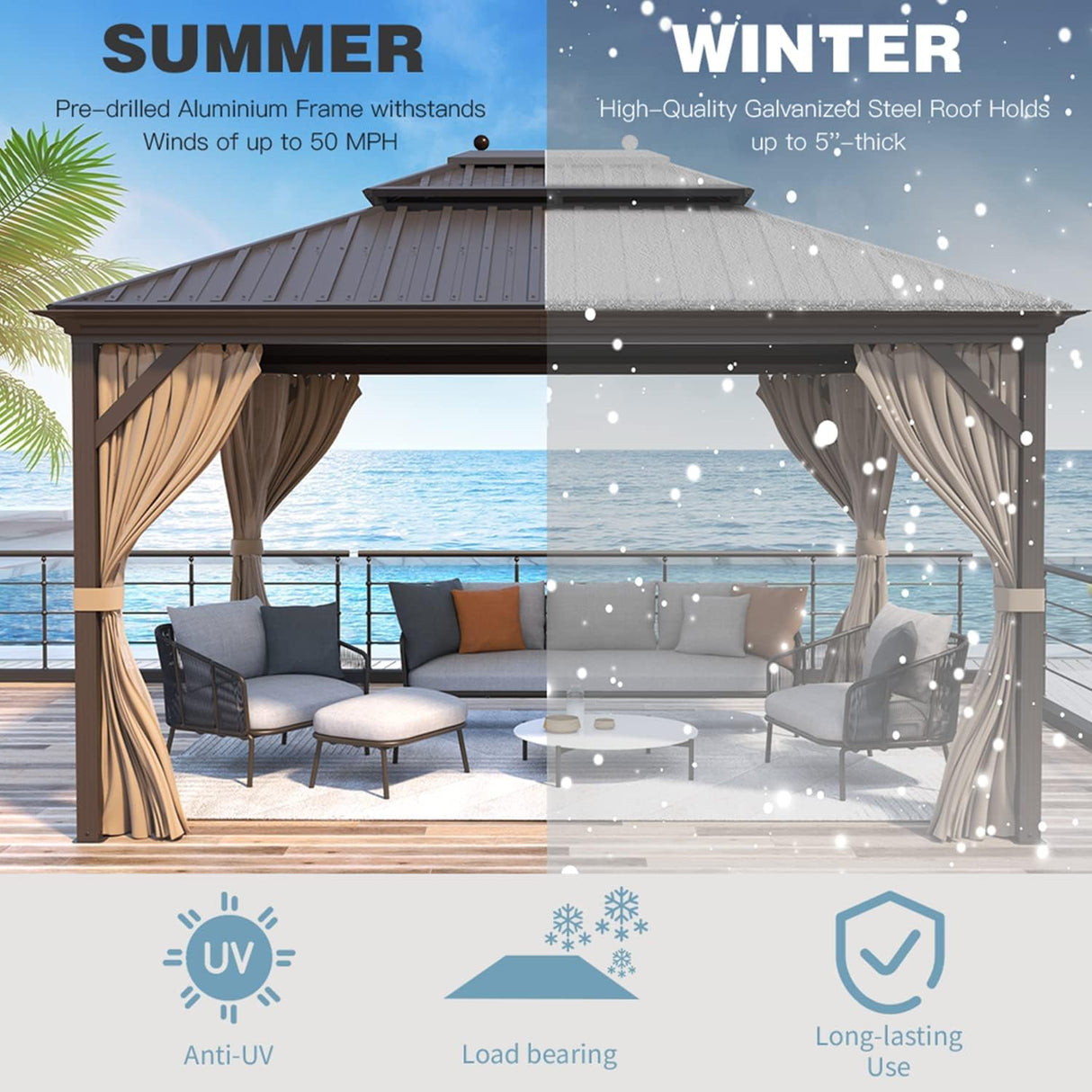 MELLCOM 12' x 14' Hardtop Gazebo, Brown Permanent Pavilion Gazebo with Curtains and Netting, Galvanized Steel Metal Double Roof Aluminum Gazebo with Aluminum Frame for Patio, Lawn & Garden MELLCOM