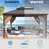 MELLCOM 12' x 14' Hardtop Gazebo, Brown Permanent Pavilion Gazebo with Curtains and Netting, Galvanized Steel Metal Double Roof Aluminum Gazebo with Aluminum Frame for Patio, Lawn & Garden MELLCOM