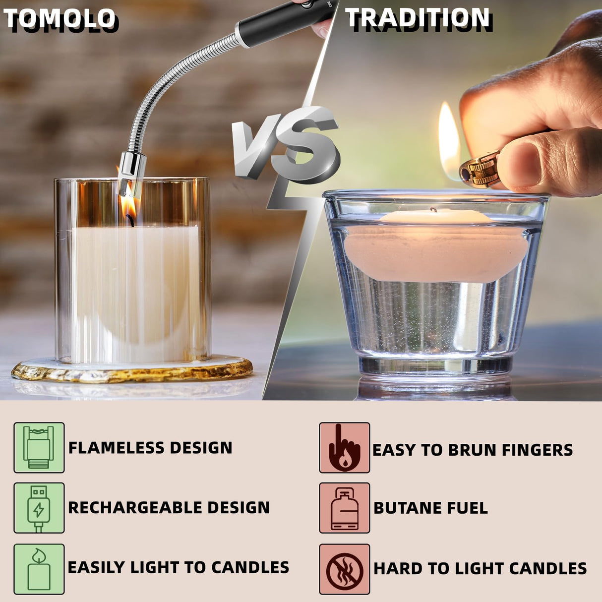 TOMOLO Electric Lighter Candle Lighter Rechargeable Grill Lighter Arc Lighter with Flexible Neck, Battery Display Safety Switch for Candle Camping Cooking BBQs Fireworks (Black&Silver) TOMOLO