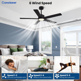 Conciseer Modern Ceiling Fans with Lights,52 Inch Ceiling Fans with Remote for Bedroom Living Room Kitchen, 18W 3CCT Dimmable，5 Blades 6 Speed Reversible Quiet DC Motor Black Conciseer