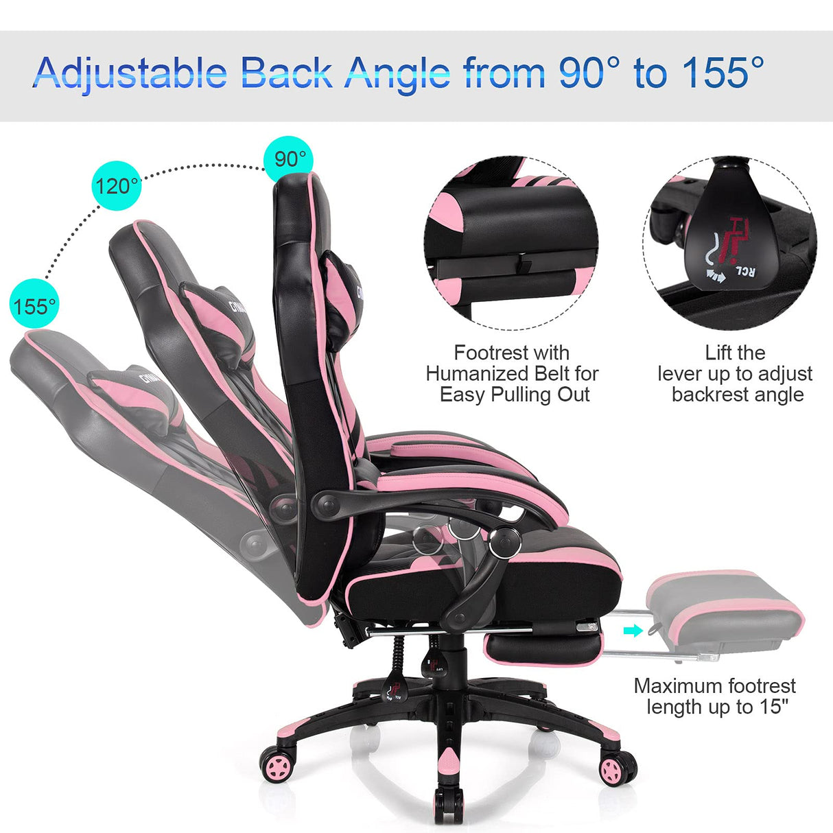 GYMAX Gaming Chair, Ergonomic Computer Chair with Footrest, Linkage Armrests & Lumbar Cushion, Big Wide High Back Video Gaming Chair, Reclining Office Rolling Chair for Adult/Teens (Pink) GYMAX