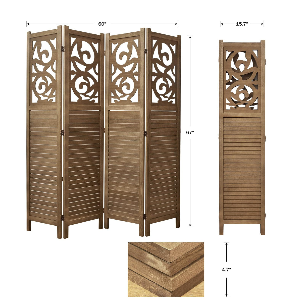 Room Divider Wood Carved Wall Divider Indoor Folding Portable Partition Screen for Home Office Garden Terrace - 4 Panel, 67 * 60inch (Dark Brown) Svimi