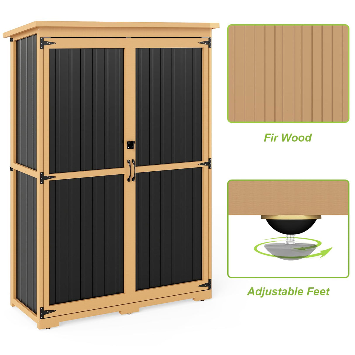Outdoor Storage Shed with Shelf,Wood & Metal Storage Cabinet with Lockable Doors & Sloping Roof,Vertical Garden Shed for Patio Backyard,Tool Shed and Accessories, Brown Magazoopet