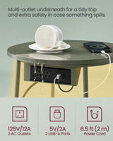 VASAGLE Side Table with Charging Station, Round End Table with Fabric Basket, LED Nightstand with Power Outlets, USB Ports, for Living Room, Bedroom, Modern, Forest Green and Cream White ULET227C01 VASAGLE