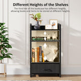 Hosfais Small Bookshelf with Drawer: 4-Tier Wood Book Shelf Industrial Narrow Bookcase Storage Organizer Metal Stackable Shelves for Desktop Bedroom Living Room Home Office (Black) Hosfais