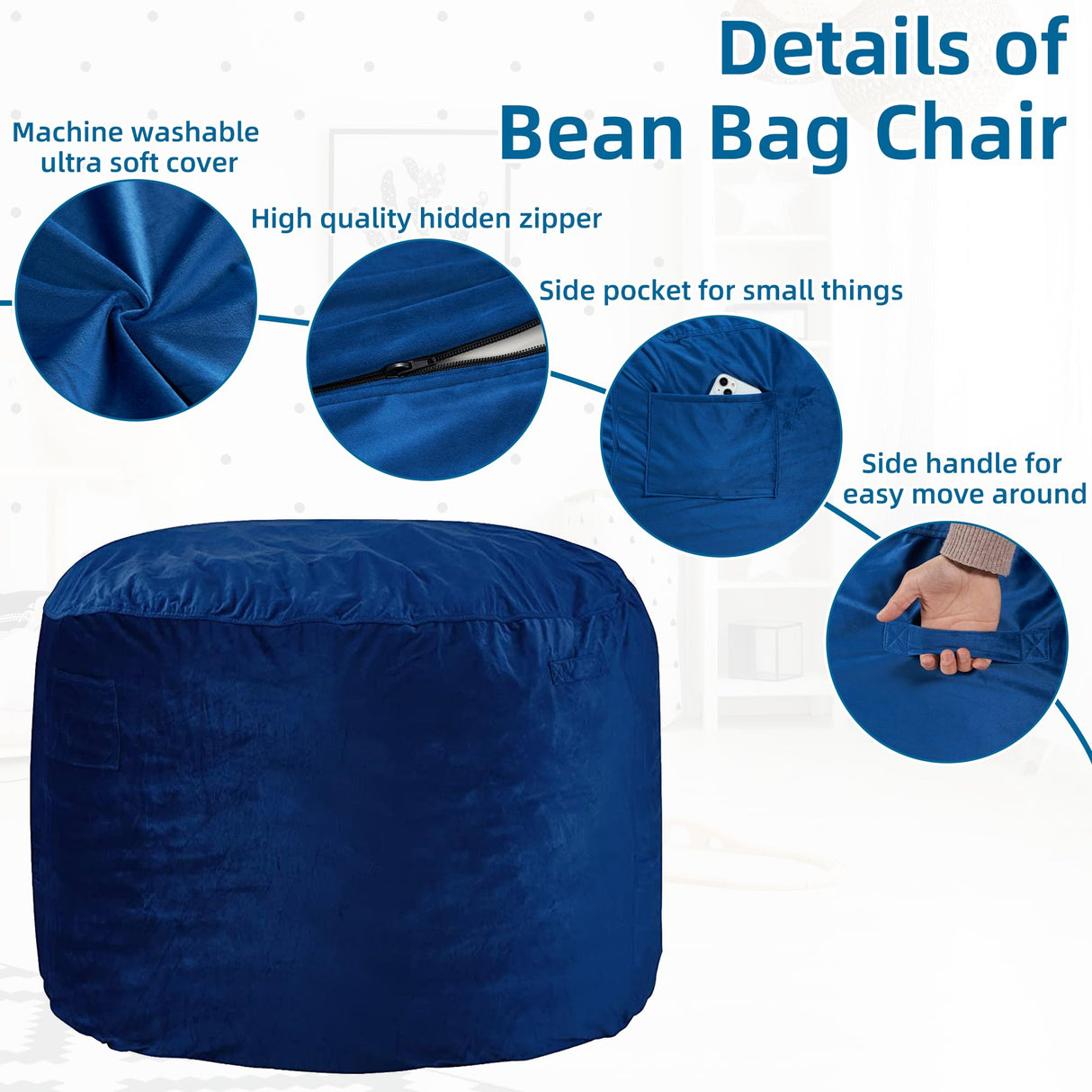 HABUTWAY Bean Bag Chair 3Ft Luxurious Velvet Ultra Soft Fur with High Rebound Memory Foam Bean Bag Chairs for Adults Plush Lazy Sofa with Fluffy Removable Sponge 3' (Blue) HABUTWAY