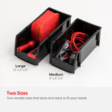 IRIS USA Plastic Shelf Bins Stackable Open Front Storage Bins Plastic Hanging Organizer Bin Caddy Basket for Hardware Crafts, Small Parts, Nuts and Bolts, Tool Storage - Large Black 8 Pack IRIS