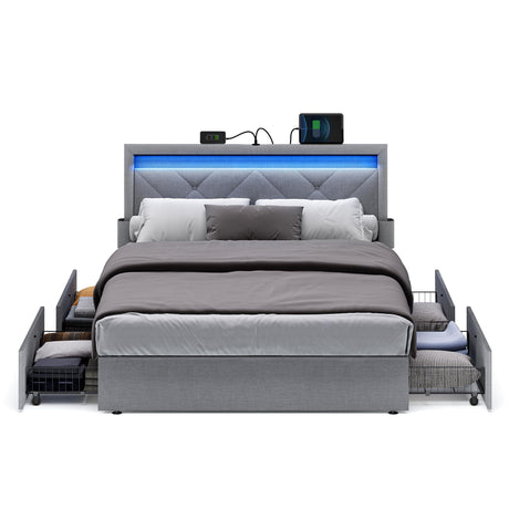 VASAGLE LED Bed Frame Full Size, Full Bed with Headboard and 4 Drawers, 1 USB Port and 1 Type C Port, Adjustable Upholstered Headboard 37.1/39.6 Inches, No Box Spring Needed, Light Gray URMB822G01 VASAGLE